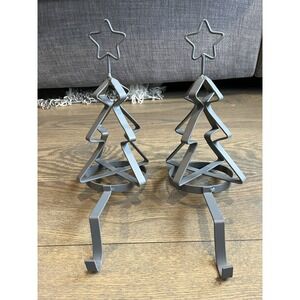 Christmas Tree Stocking Holders Set Of 2 Gray/Pewter Metal Gold Distressing